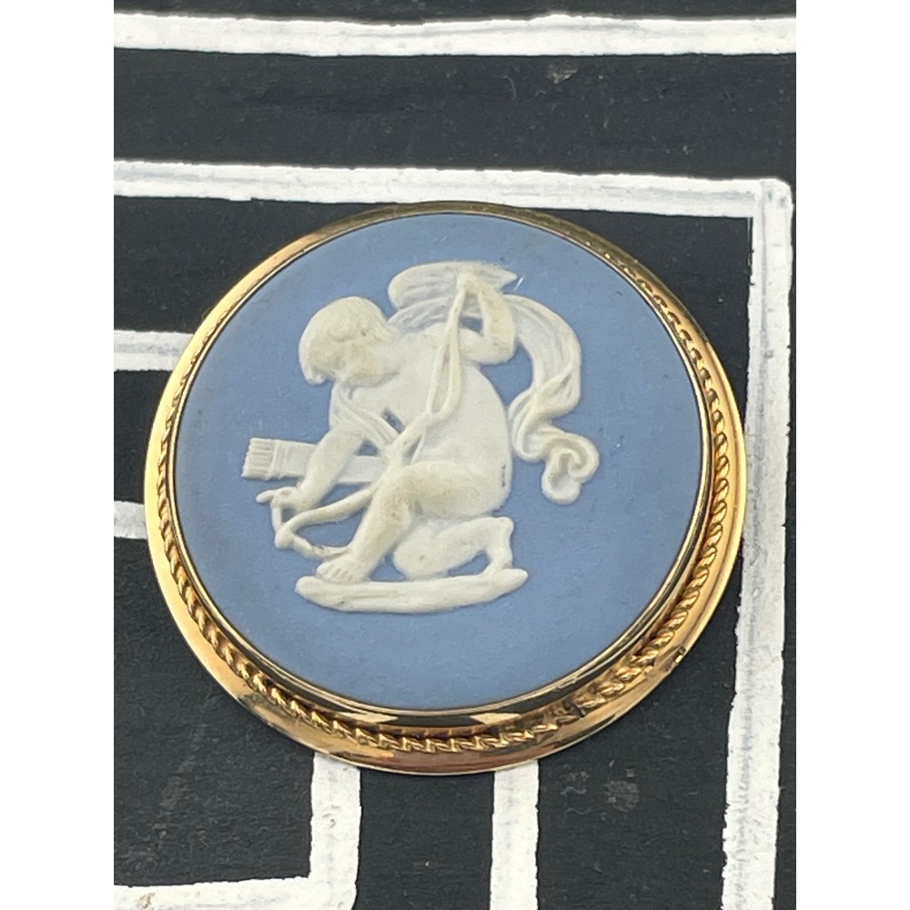 Vintage‎ Van Dell Wedgwood Cupid Jasperware Brooch Pendant GF Blue White Cameo